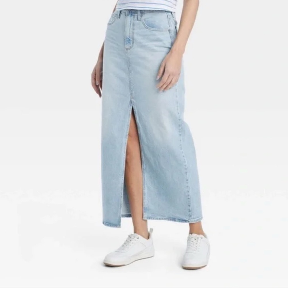 Light Blue Denim Maxi Skirt with Front Slit